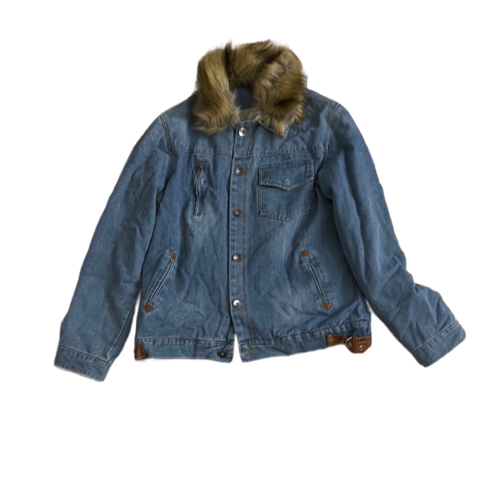 Light Blue Lightweight Denim Jacket With Fox Fur Collar And Paneled Design